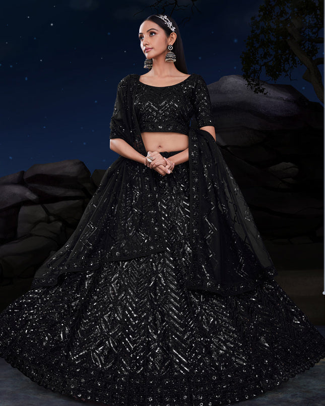 Black Net Heavy Sequins Embroidered Lehenga Choli Set
