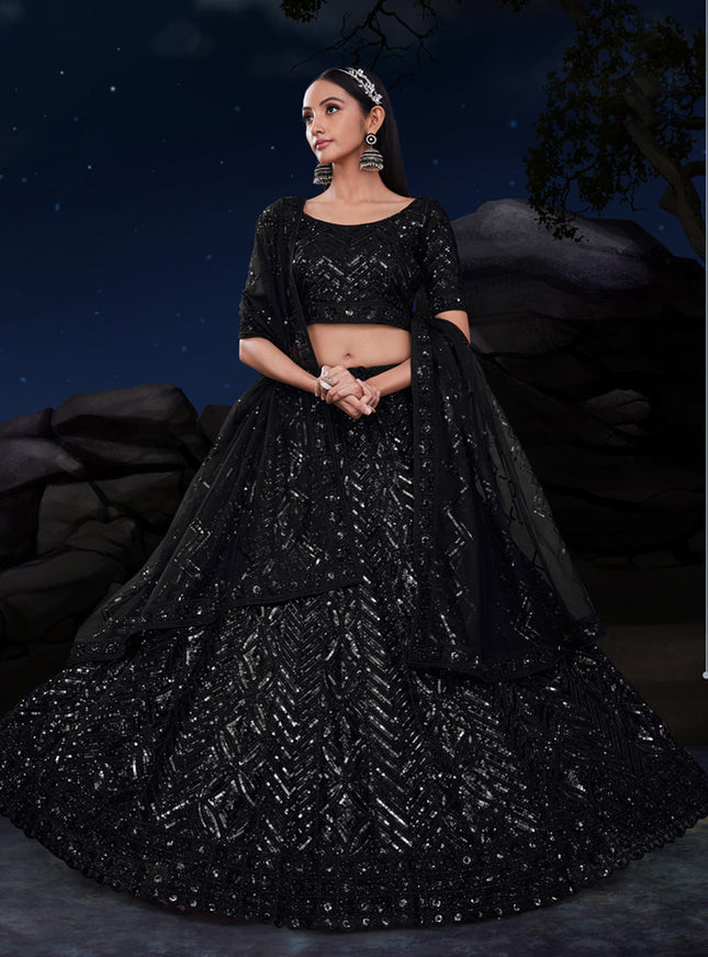Black Net Heavy Sequins Embroidered Lehenga Choli Set