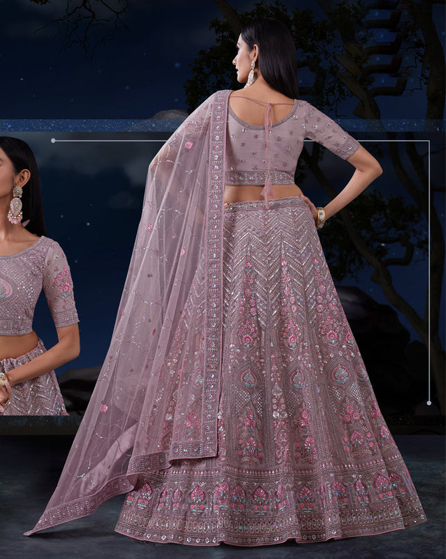 Mauve Net Heavy Sequins Embroidered Lehenga Choli Set
