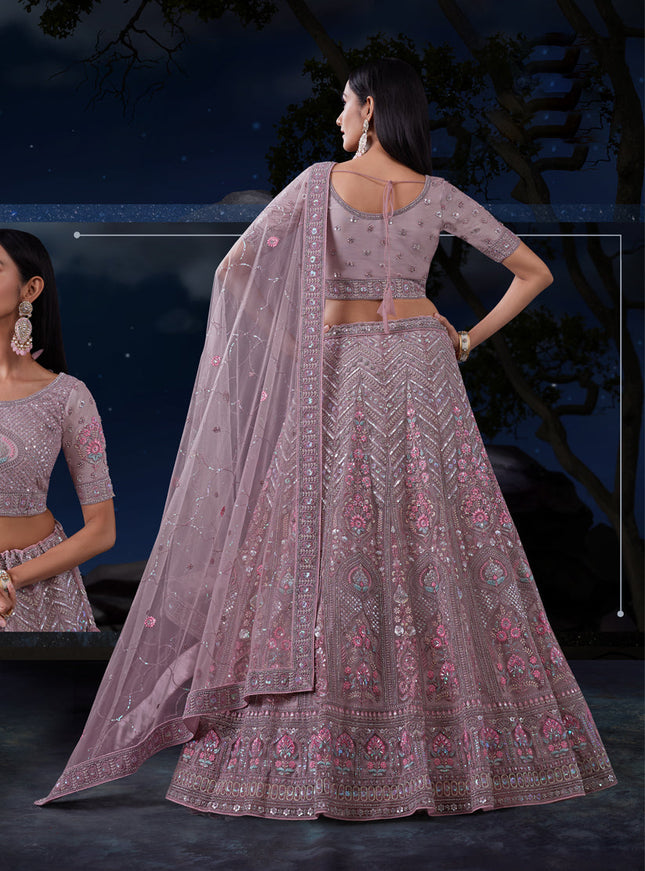 Mauve Net Heavy Sequins Embroidered Lehenga Choli Set
