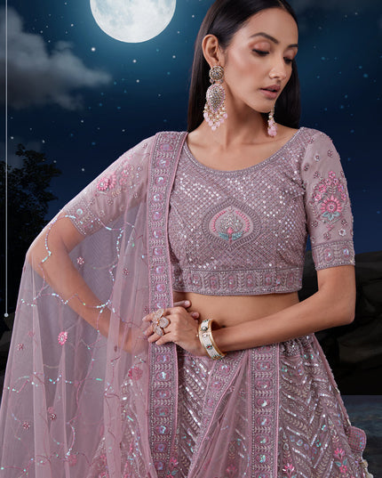 Mauve Net Heavy Sequins Embroidered Lehenga Choli Set