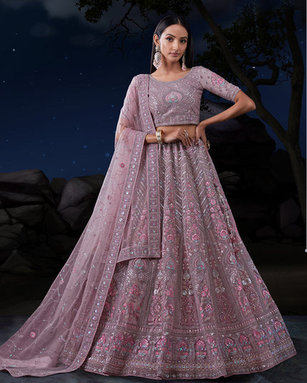 Mauve Net Heavy Sequins Embroidered Lehenga Choli Set