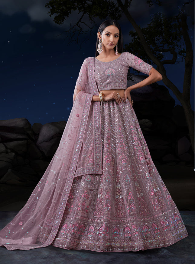 Mauve Net Heavy Sequins Embroidered Lehenga Choli Set
