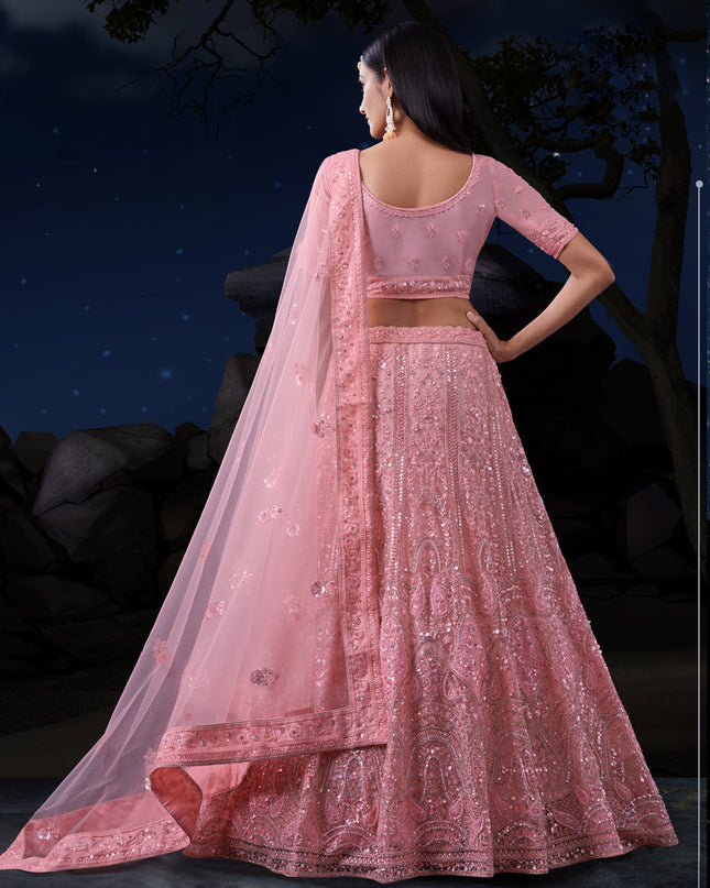 Coral Pink Net Heavy Sequins Embroidered Lehenga Choli Set