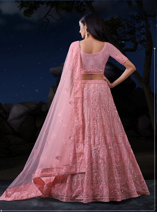 Coral Pink Net Heavy Sequins Embroidered Lehenga Choli Set