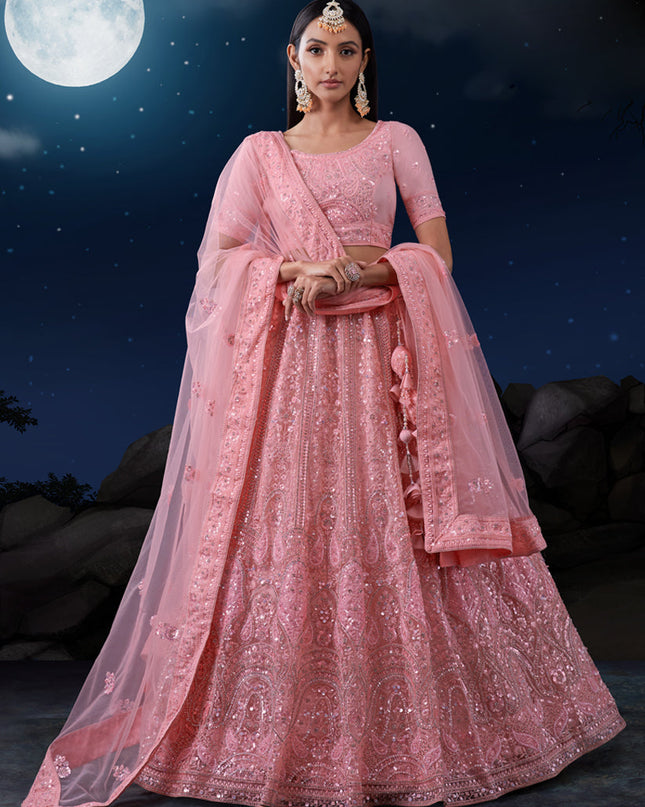 Coral Pink Net Heavy Sequins Embroidered Lehenga Choli Set