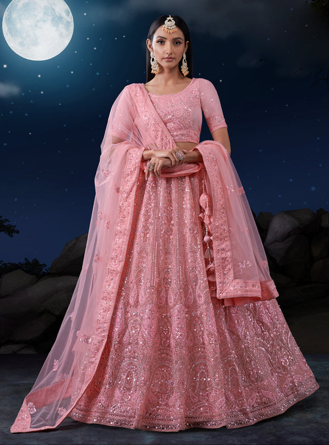 Coral Pink Net Heavy Sequins Embroidered Lehenga Choli Set