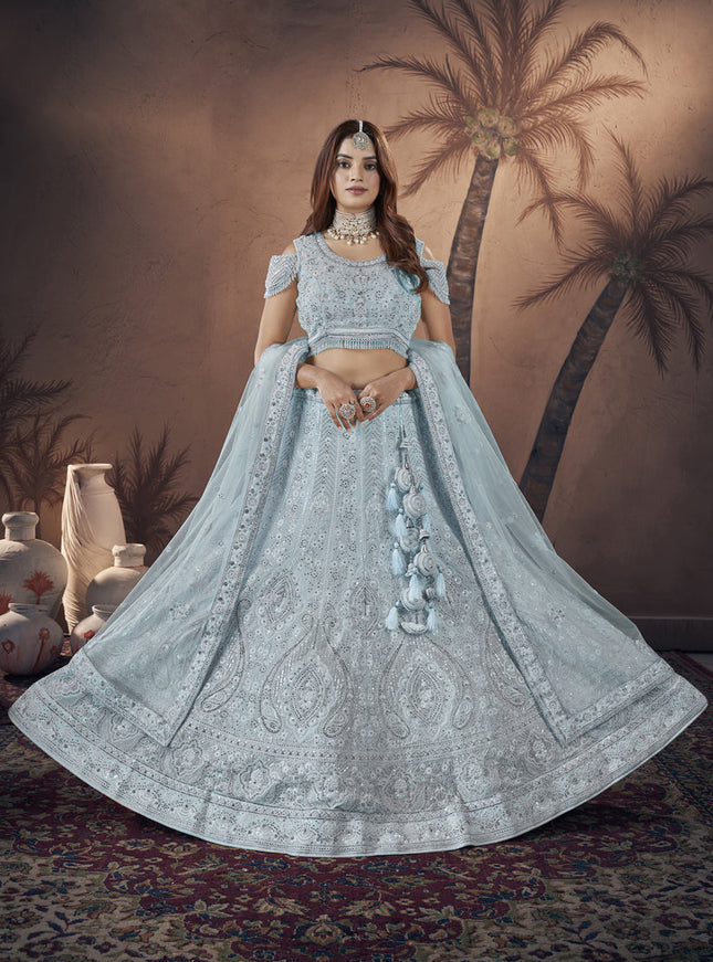 Marble Blue Georgette Embroidered Bridesmaid Lehenga Choli