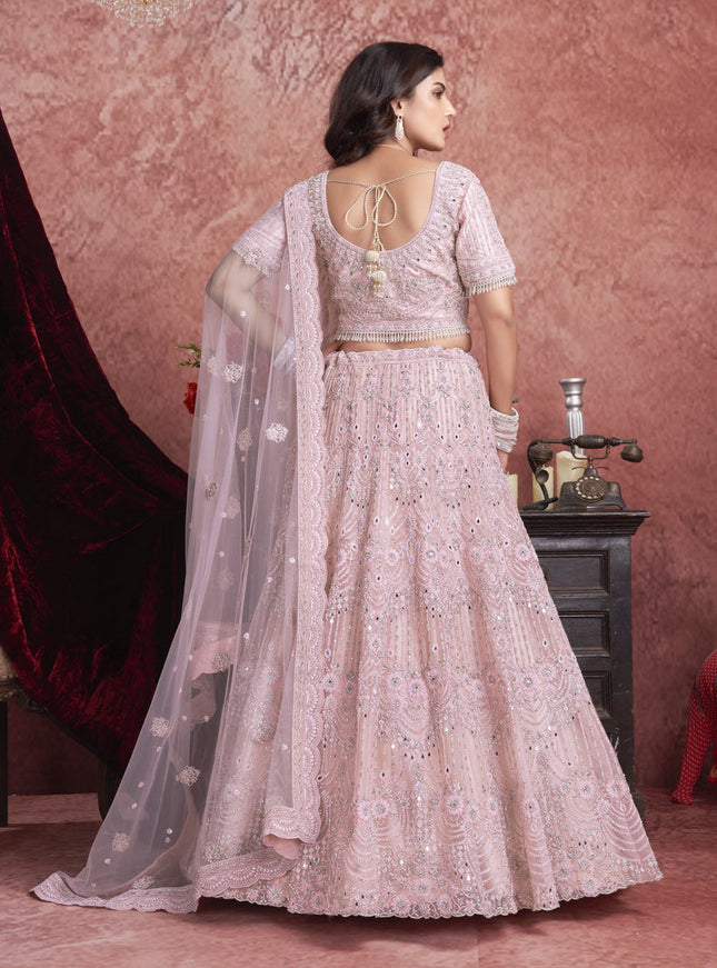Rose Pink Net Embroidered Designer Bridesmaid Lehenga Choli Set