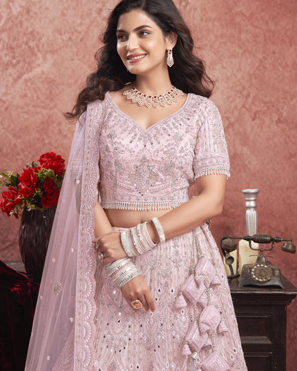 Rose Pink Net Embroidered Designer Bridesmaid Lehenga Choli Set