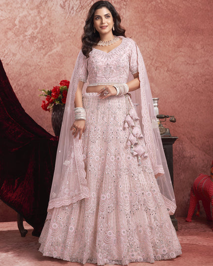 Rose Pink Net Embroidered Designer Bridesmaid Lehenga Choli Set