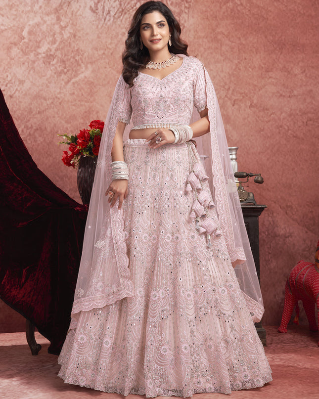 Rose Pink Net Embroidered Designer Bridesmaid Lehenga Choli Set