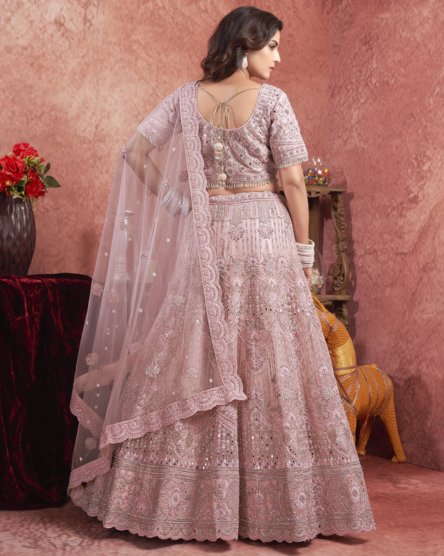 Rose Pink Net Embroidered Designer Bridesmaid Lehenga Choli Set
