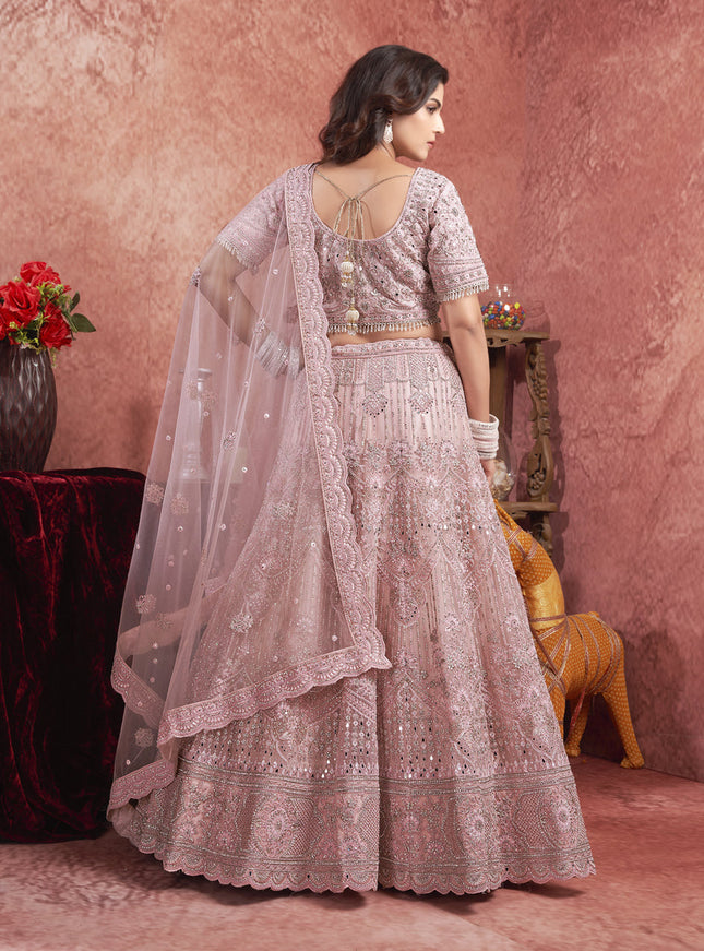 Rose Pink Net Embroidered Designer Bridesmaid Lehenga Choli Set