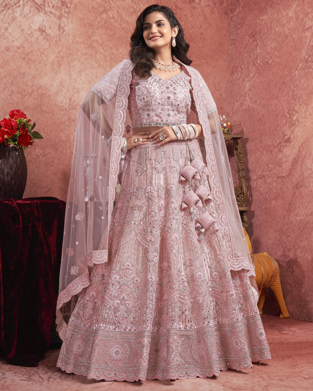 Rose Pink Net Embroidered Designer Bridesmaid Lehenga Choli Set