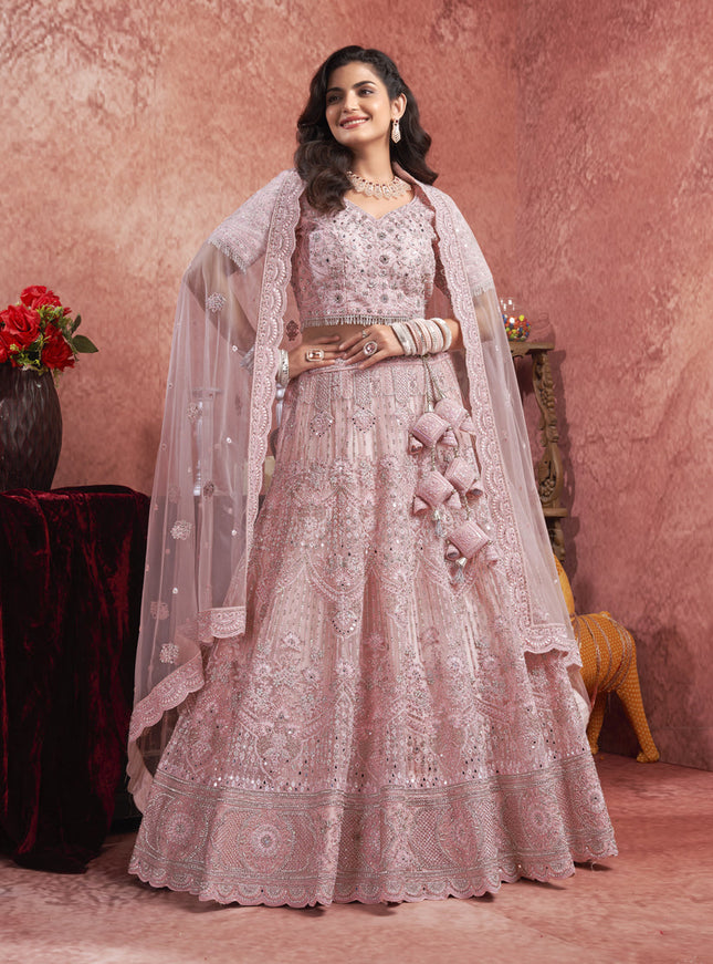 Rose Pink Net Embroidered Designer Bridesmaid Lehenga Choli Set