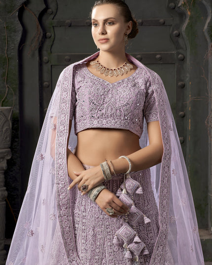 Lavender Net Embroidered Designer Bridesmaid Lehenga Choli