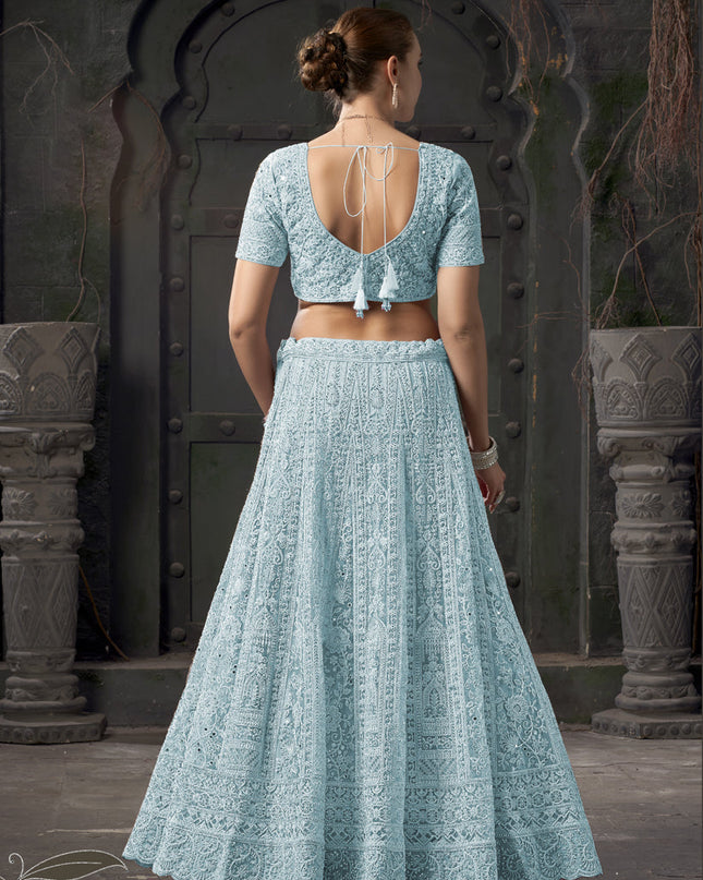 Ice Blue Net Embroidered Designer Bridesmaid Lehenga Choli