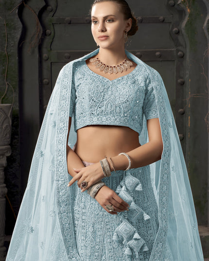 Ice Blue Net Embroidered Designer Bridesmaid Lehenga Choli
