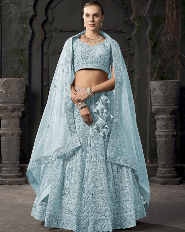 Ice Blue Net Embroidered Designer Bridesmaid Lehenga Choli