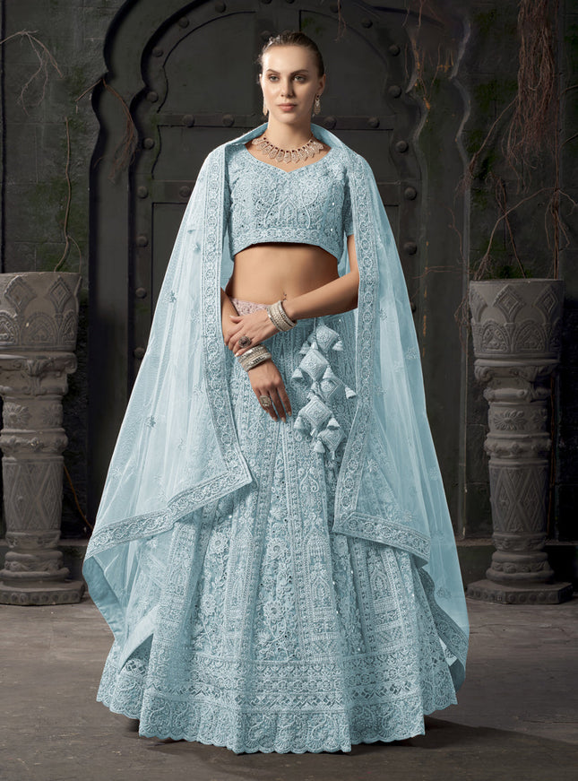 Ice Blue Net Embroidered Designer Bridesmaid Lehenga Choli