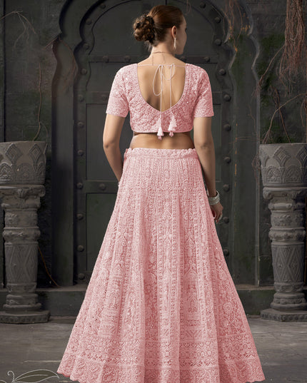 Coral Pink Net Embroidered Designer Bridesmaid Lehenga Choli