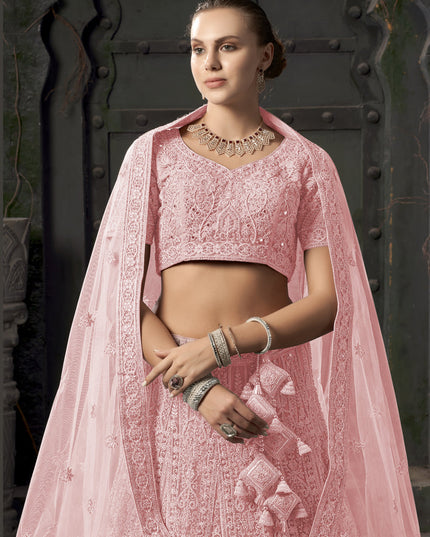 Coral Pink Net Embroidered Designer Bridesmaid Lehenga Choli