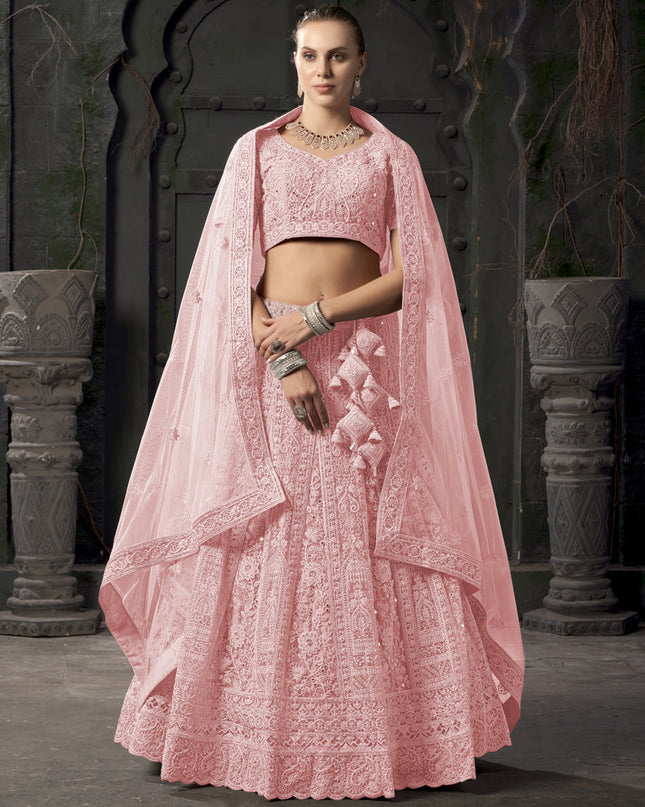Coral Pink Net Embroidered Designer Bridesmaid Lehenga Choli