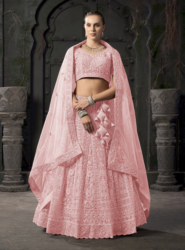 Coral Pink Net Embroidered Designer Bridesmaid Lehenga Choli