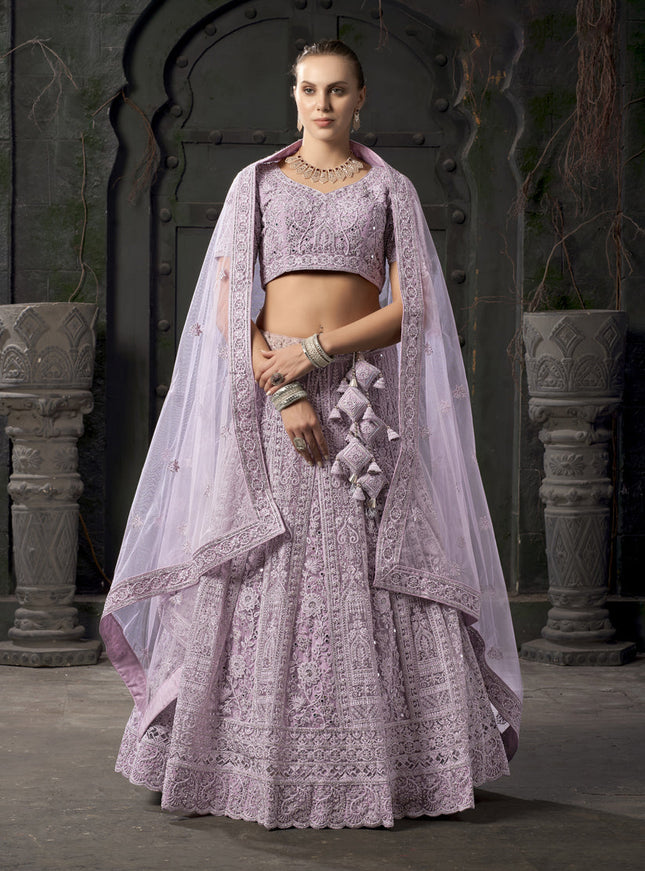 Lavender Net Embroidered Designer Bridesmaid Lehenga Choli