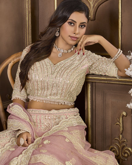 Peach Net Embroidered Designer Lehenga Choli Set