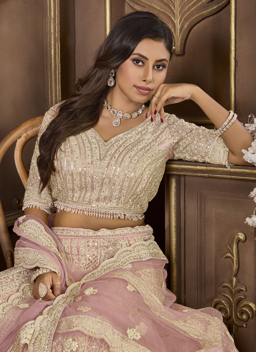 Peach Net Embroidered Designer Lehenga Choli Set