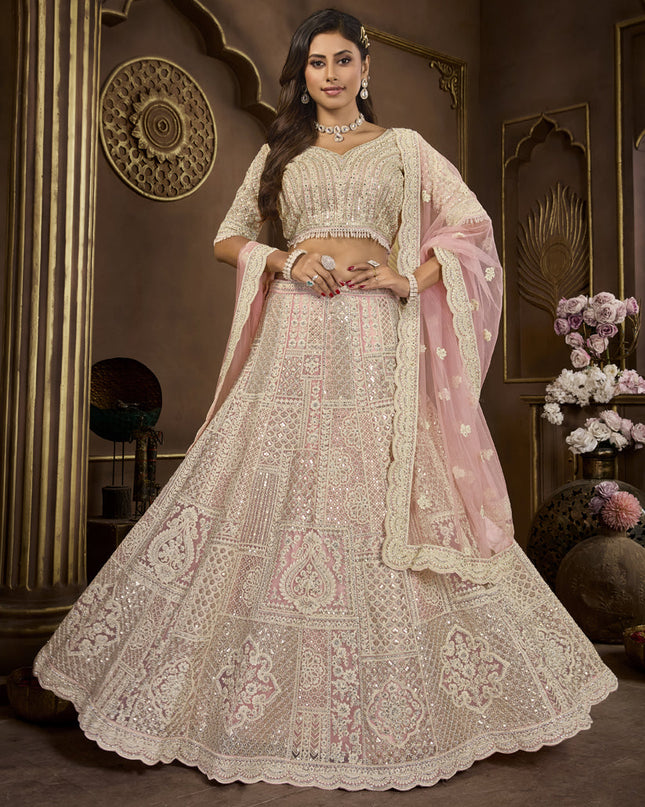 Peach Net Embroidered Designer Lehenga Choli Set
