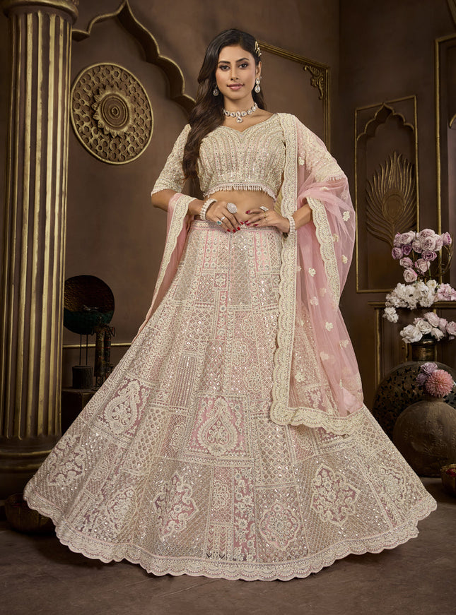 Peach Net Embroidered Designer Lehenga Choli Set