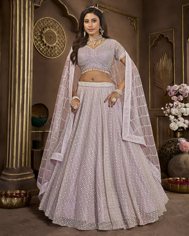 Lavender Net Embroidered Designer Lehenga Choli Set