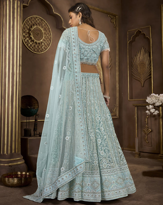 Sky Blue Net Embroidered Designer Lehenga Choli Set