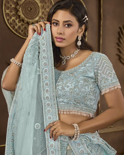 Sky Blue Net Embroidered Designer Lehenga Choli Set
