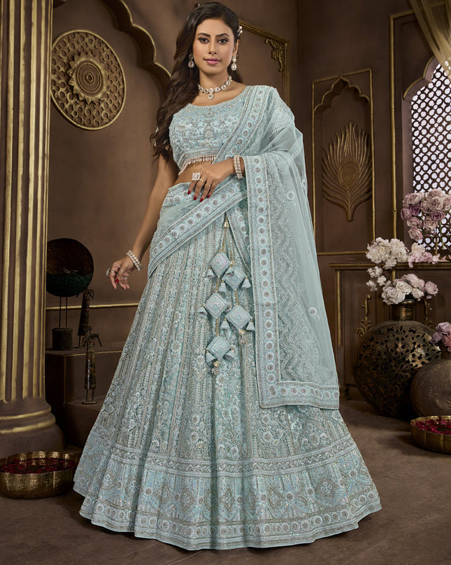 Sky Blue Net Embroidered Designer Lehenga Choli Set