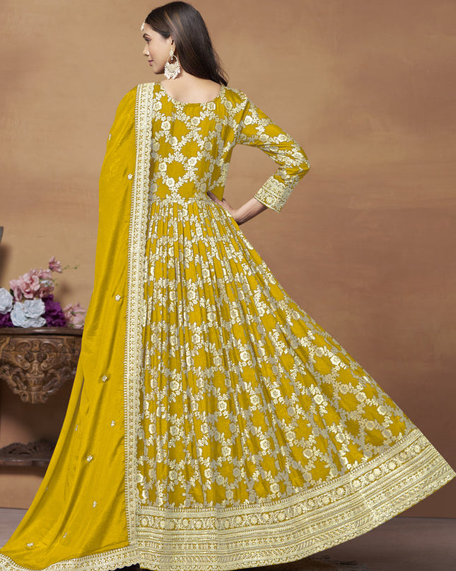 Mustard Dola Jacquard Embroidered Anarkali Suit