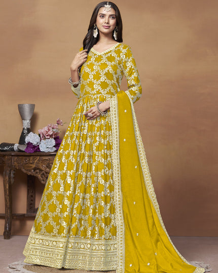 Mustard Dola Jacquard Embroidered Anarkali Suit