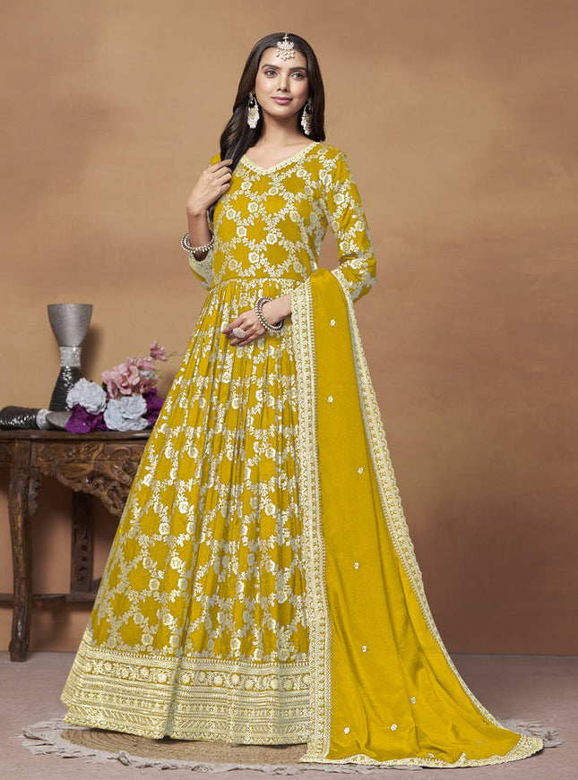 Mustard Dola Jacquard Embroidered Anarkali Suit