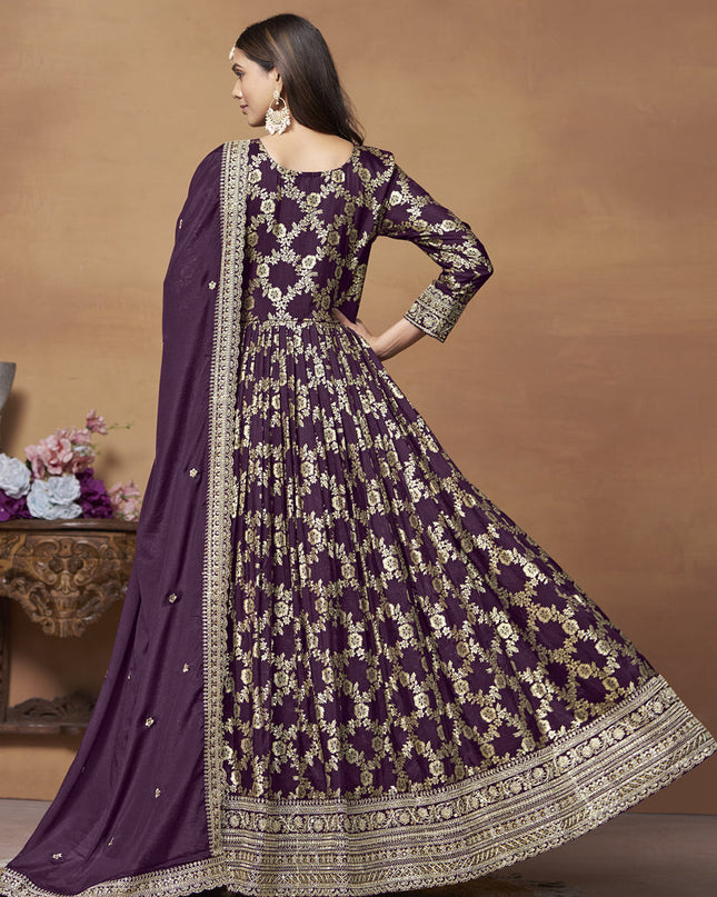 Burgundy Dola Jacquard Embroidered Anarkali Suit