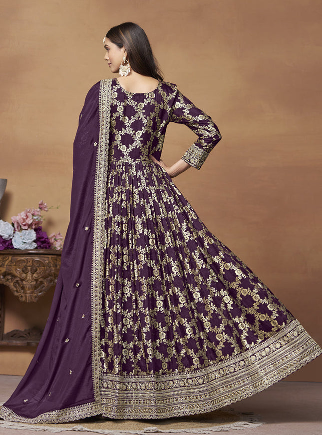 Burgundy Dola Jacquard Embroidered Anarkali Suit