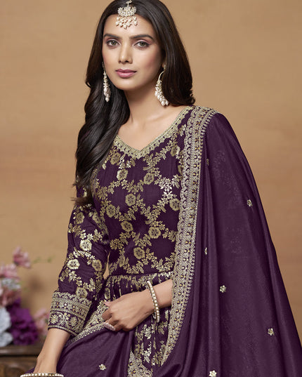 Burgundy Dola Jacquard Embroidered Anarkali Suit