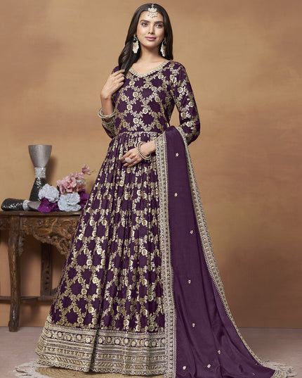 Burgundy Dola Jacquard Embroidered Anarkali Suit