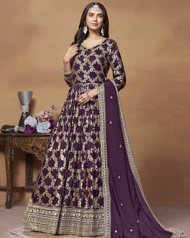 Burgundy Dola Jacquard Embroidered Anarkali Suit