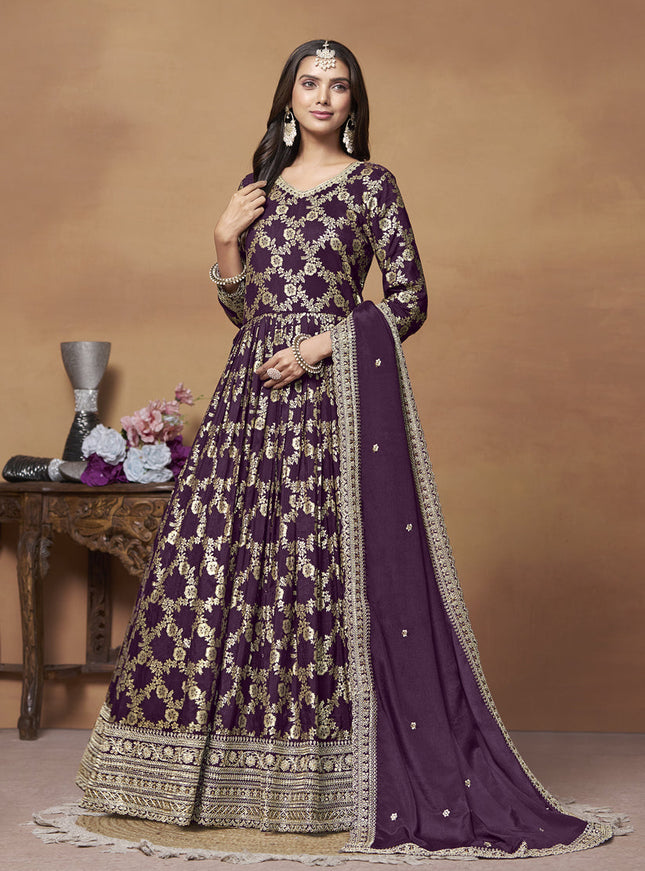 Burgundy Dola Jacquard Embroidered Anarkali Suit