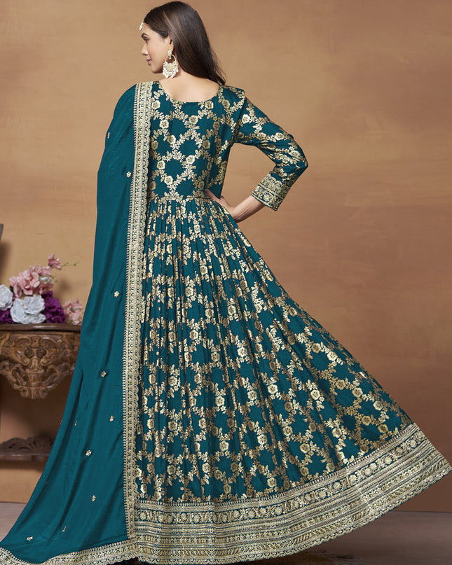 Prussian Blue Dola Jacquard Embroidered Anarkali Suit
