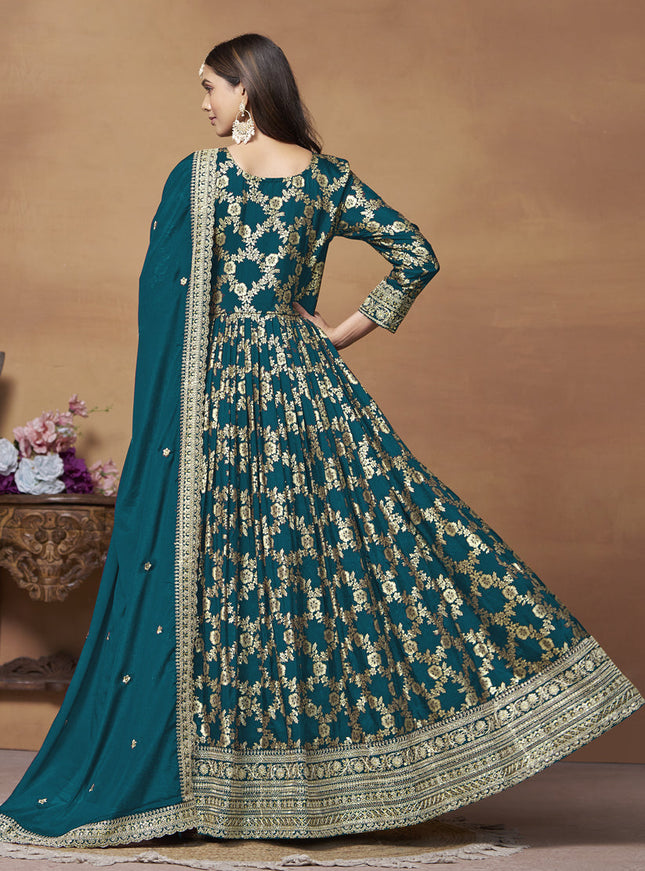 Prussian Blue Dola Jacquard Embroidered Anarkali Suit