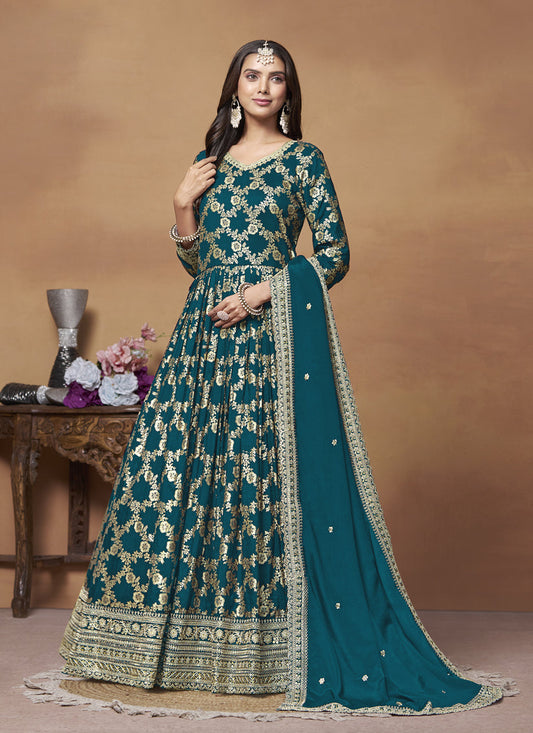 Prussian Blue Dola Jacquard Embroidered Anarkali Suit